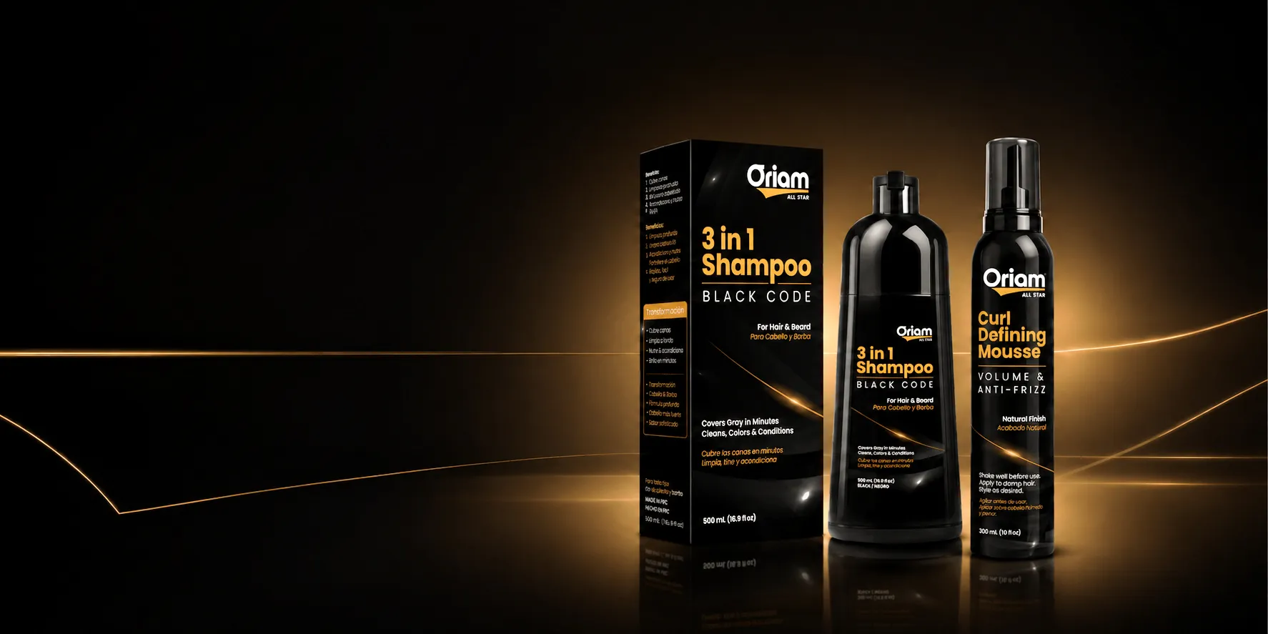 Línea Oriam All Star: 3 in 1 Shampoo Black Code y Curl Defining Mousse
