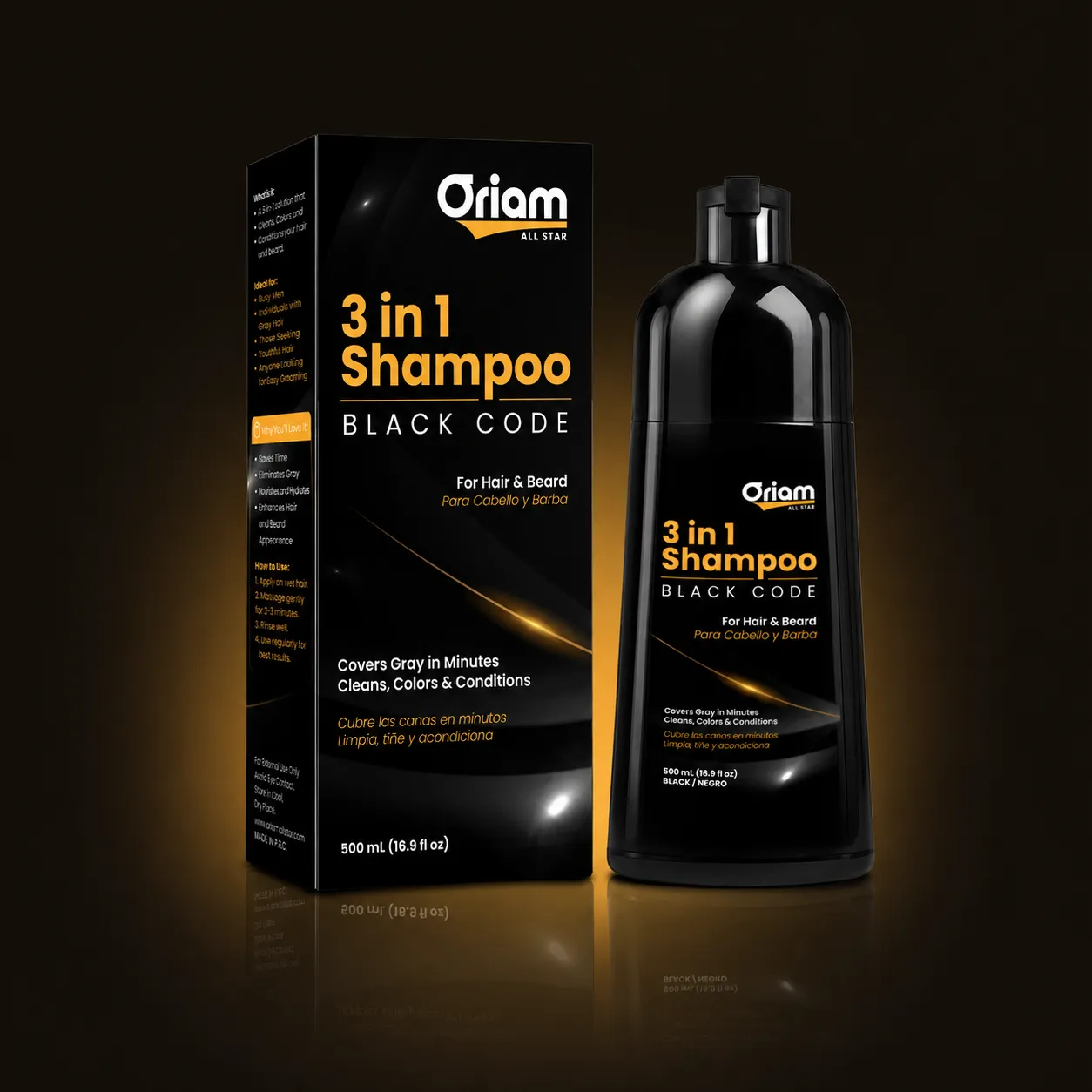 Caja y botella del 3 in 1 Shampoo Black Code de Oriam All Star